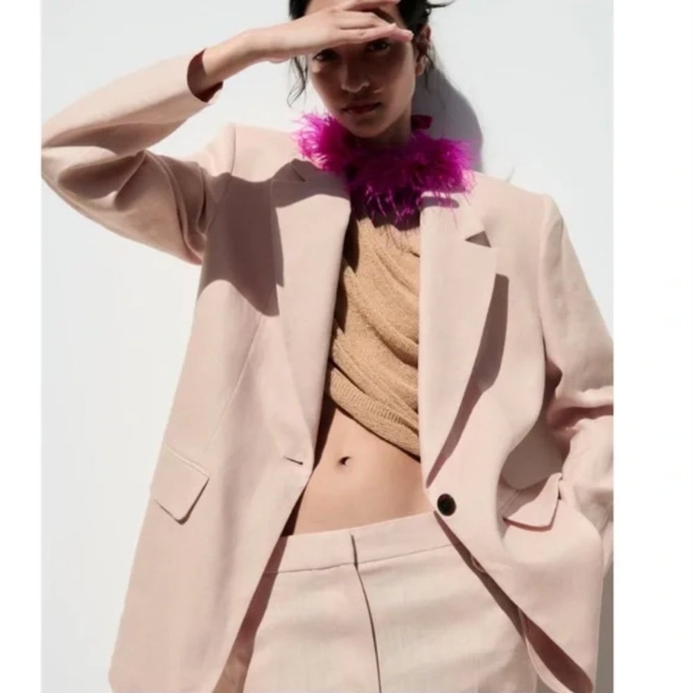 NWT Zara suit 100% linen straight cut blazer + straight leg pants beige-pink - Picture 8 of 12
